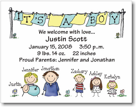 Pen At Hand Stick Figures Birth Announcements - Diaper - Boy